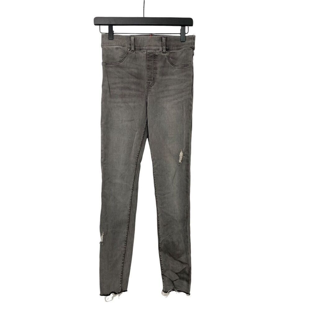 Spanx Distressed Denim Leggings Vintage Gray High Rise Raw Hem Stretch Size S